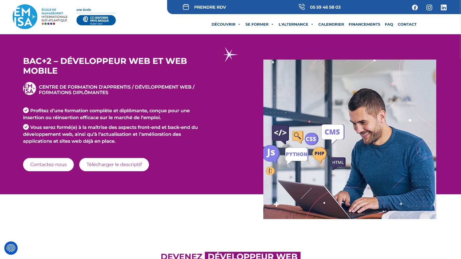 Site Internet WordPress sur mesure pour Emisa, centre de formation de la CCI Bayonne Pays Basque